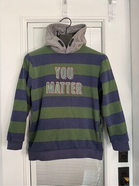 Nukutavake Mayoral Fleece Hoodie Boys Size 18/172 Blue Green Stripe “YOU MATTER”